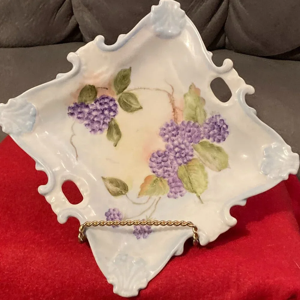 VTG 1977 Handpainted Square China Plate w/Handles-Signed-Purple Florals-8